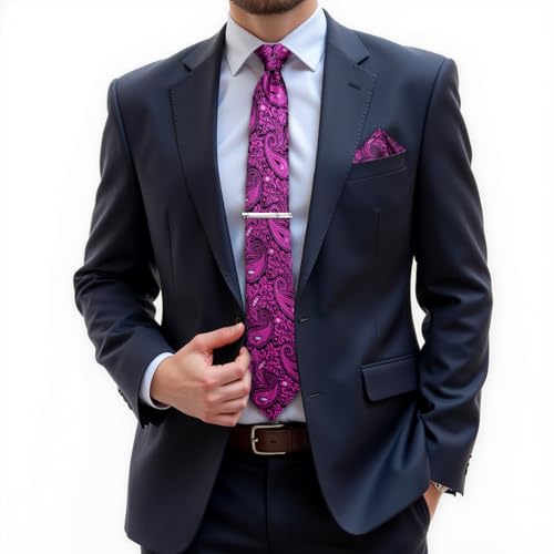Image of DiBanGu Paisley Ties for Men Silk Necktie and Pocket Square Cufflinks Tie Clip Set Woven Classic Mens Tie for Wedding Party