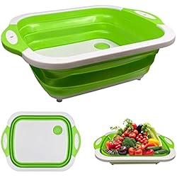 Fregadero Plegable Lidl Firschoie 3 in 1 Tabla de Cortar Plegable, Tabla de cortar portátil tablero de cocina multifuncional, Cesta de drenaje plegable, Apto para cocina, exterior, camping, barbacoa(Verde)