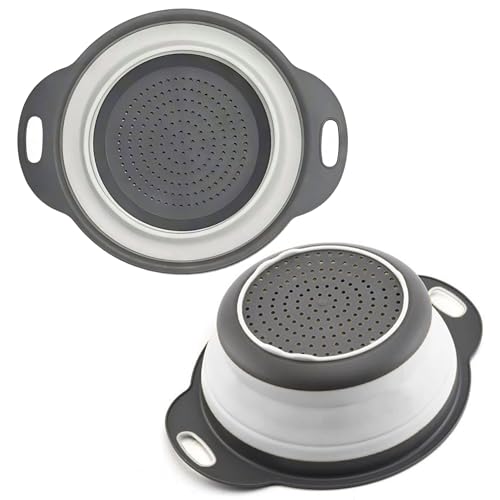 White Round Silicone Collapsible Colander &ndash; Silicone Round Kitchen Strainers with Plastic Handles...