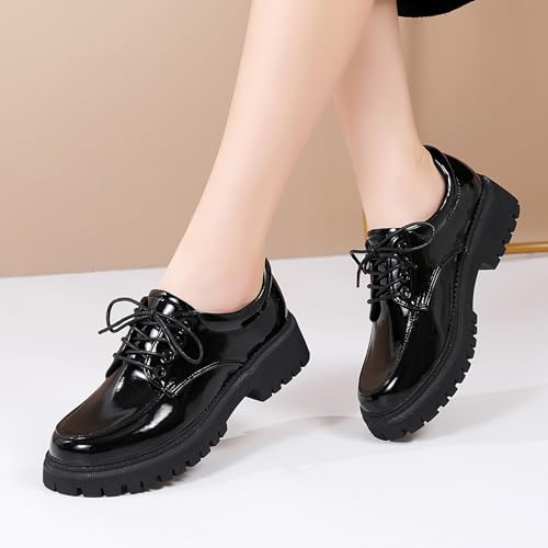 Image of Womens Black Oxford Work Shoes, Comfortable Lace-Up Casual Dress Footwear