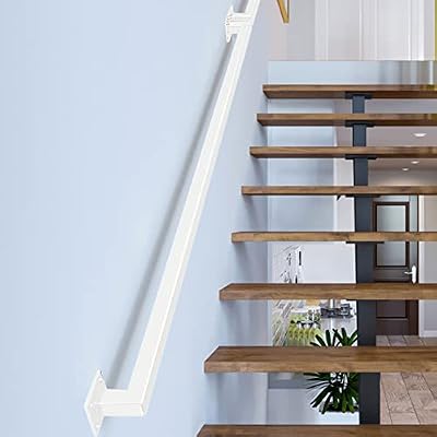 3FT White Iron Hand Railing, Sturdy Safety Staircase Handrails Wall Mount, 500lbs Load Capacity Industrial Iron Railing Pipe Handrail for Indoor Stairs, Outdoor Deck Loft Porch, Non-Slip and Rust