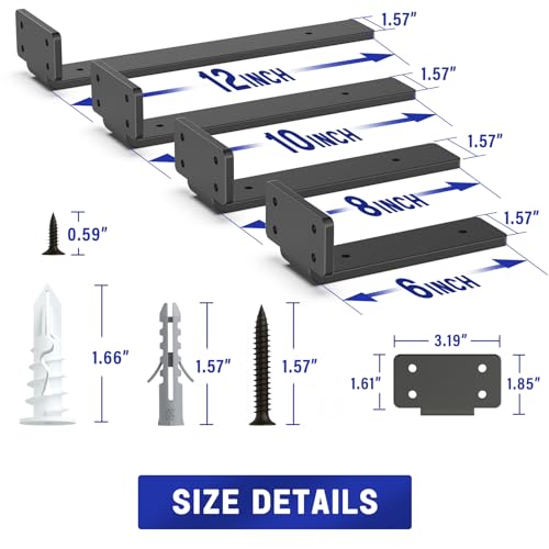 Goovilla Shelf Bracket, Heavy Duty Floating Shelf Brackets 8 inch Long, 6 Pack Brackets for Shelves, Black Coated Metal Wall Shelf Support Brackets with 1/5 Inch Thick and 160 lb. Load Capacity