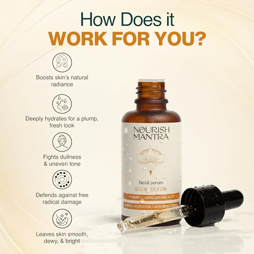 Nourish Mantra Vitamin C Serum – Anti Aging Facial Serum with Vitamin C, Hyaluronic Acid, Niacinamide – Glowing Serum – Even Skin Tone, Improve Appearance of Dark Spots, Fine Lines & Wrinkles, 30 ml
