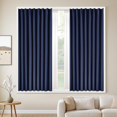 HIMENO 遮光カーテン 2枚セット カーテン 遮光 丈240cm 幅180cm 1級遮光 断熱 遮熱 保温 UVカット 防寒 省エネ 昼夜目隠し アジャスターフック付き 小窓 おしゃれ 無地 北欧 シンプル (遮光1枚 レース1枚）ネイビー