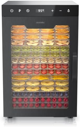 Arendo - Dörrautomat Edelstahl mit 16 Edelstahlgitter - 1000 Watt - 13400 cm² - 8 Programme - Dörrgerät Dehydrator Obsttrockner Dörrapparat - Obst Fleisch Pilze uvm - LED Touch Con