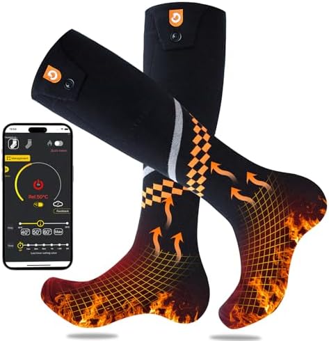 Heated Socks 6000mAh with APP Control Electric Thermal Socks Rechargeable Washable Warm Snowboard Sock Foot Warmer with 4 Heating Levels for Men Women Adult Winter Activities Outside Working Camping