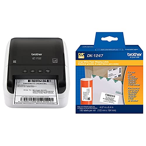 Image of Brother QL-1100 Wide Format, Postage and Barcode Professional Thermal Label Printer, Black Genuine DK-1247 Die-Cut Large Shipping White Paper Labels QL Label Printers