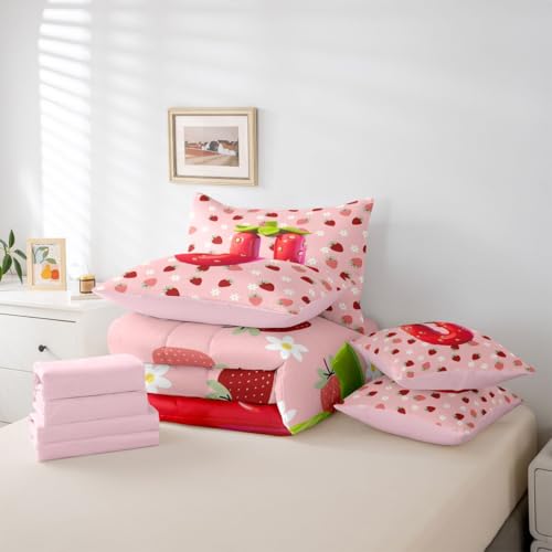 Image of Feelyou Girls Pink Red Strawberry Comforter Set with Sheets 7 Piece Twin Size Initial Letter U Bedding Set for Kids Boys Girls Princess Strawberry Bed in a Bag Room Decor Soft Lightweight Microfiber