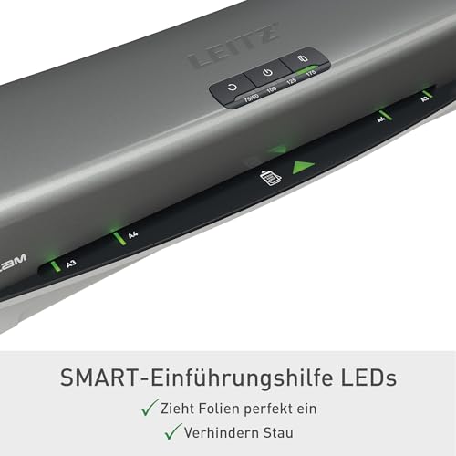 Leitz iLAM Office Pro A3 Laminiergerät, ultraschnelle Aufwärmzeit von 1 Min, für 75-175 mic Folien, Eingabehilfen-LEDs & LED-Status, Anti-Stau, Auto-Abschaltung, Hüllen-Starterkit, Grau/Weiß, 75180084