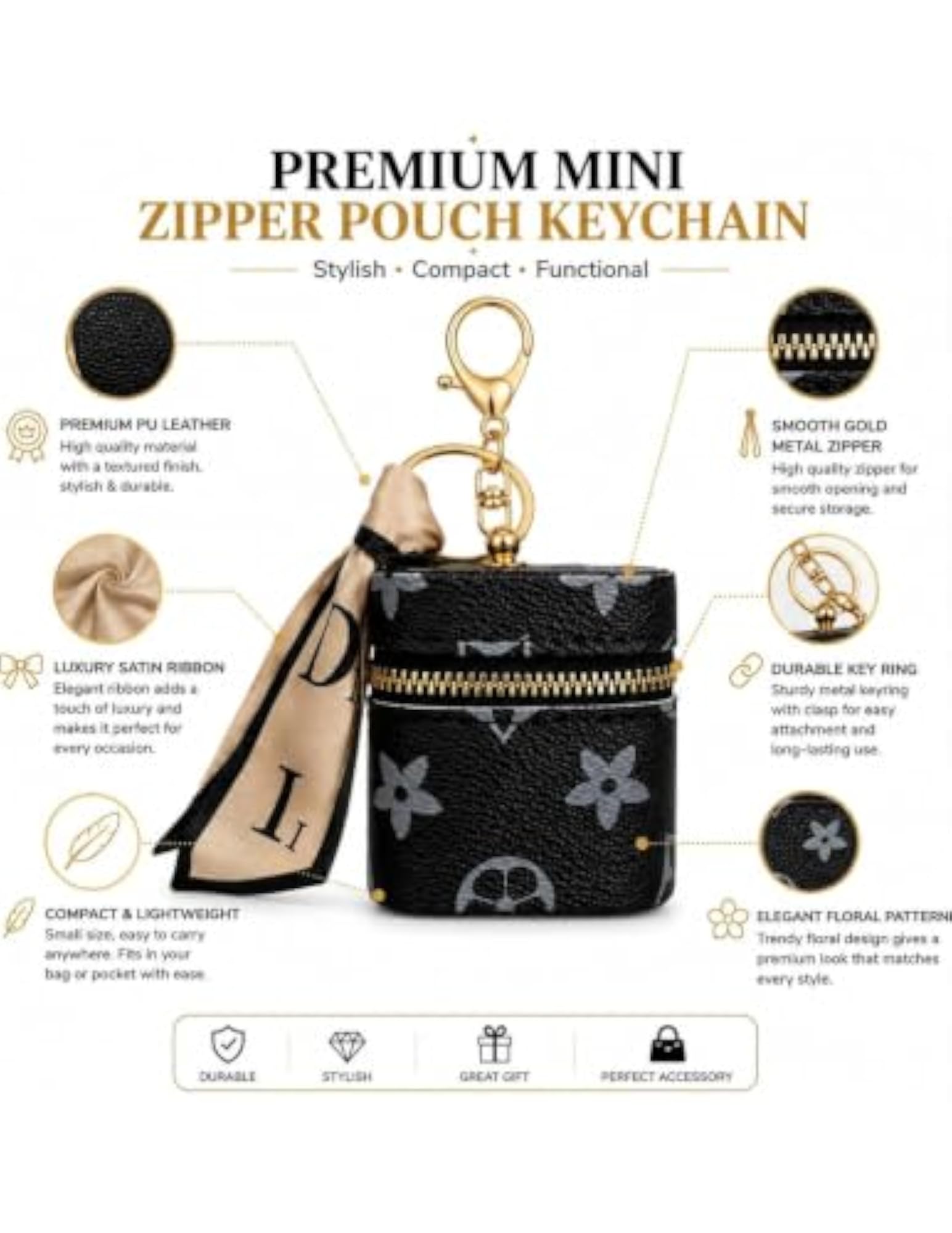 Premium Black Mini Zipper Pouch Keychain
