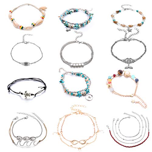 CAILI Beach Anklet, Adjustable Bohemian personality Ankle Chain,Ethnic Elements Vintage Color Rope Woven Anklet Pattern Chain etc,Charm Foot Jewelry Set for Women Girls?12 pcs?