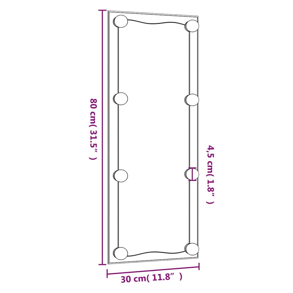 Lustro ścienne z diodami LED, 30 x 80 cm, szkło prostokątne, montaż ścienny, złącze USB, lustro do makijażu z ciepłym białym i zimnym światłem do salonu, sypialni, łazienki, korytarza