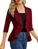 KOJOOIN Womens Casual Blazer 3/4 Sleeve Open Front Ruffle Work Office Cardigan Suit Jacket Wine Red XL
