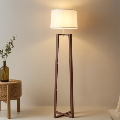 Image of 66 inch Bamboo Corner Floor Lamp with Linen Shade, Mid Century Standing Lamp, Modern Natural Tall Floor Lamp for Living Room Bedroom Office, E26 (Walnut Color)