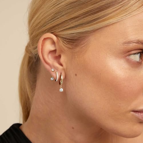 RIOSO 3 Pairs Birthstone Earring Set for Women Gold Hoop Stud Earring Stack 3 Holes Non Tarnish Dainty Earrings Set for Multiple Piercing - Thumbnail 2