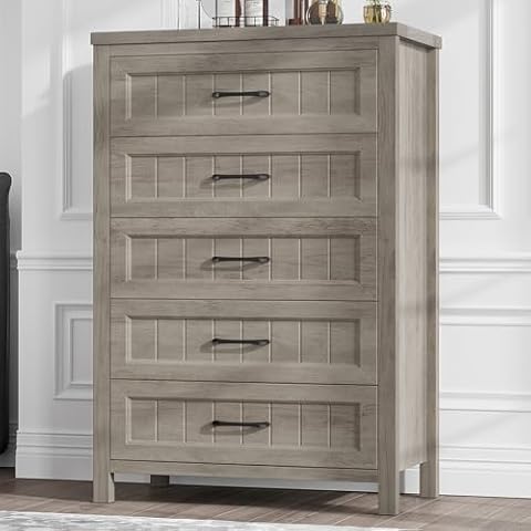 Jocoevol 5 Drawer Dresser for Bedroom, Farmhouse Dresser with Deep Drawers, Tall Grey Dresser Wooden Dresser Chest of Drawers for Living Room, Hallway, Entryway (Grey, 5 Drawer) Cover
