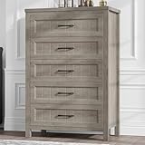 Jocoevol 5 Drawer Dresser for Bedroom, Farmhouse Dresser with Deep Drawers, Tall Grey Dresser Wooden Dresser Chest of Drawers for Living Room, Hallway, Entryway (Grey, 5 Drawer)