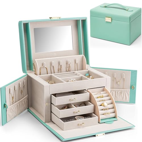 Vlando Large Jewellery Box for Women Lockable Jewellery Boxes with 3 Drawers Jewelry Storage Earrings, Rings, Necklaces, Bracelets, Brooches, Watches Organiser Apricot White