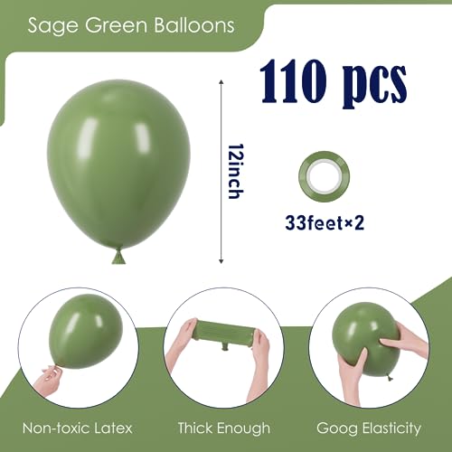 Image of Voircoloria 110pcs Sage Green Balloons 12inch Olive Green Latex Party Balloons for Graduation, Wedding, Birthday, Bridal Shower, Baby Shower, Anniversary Party Decorations