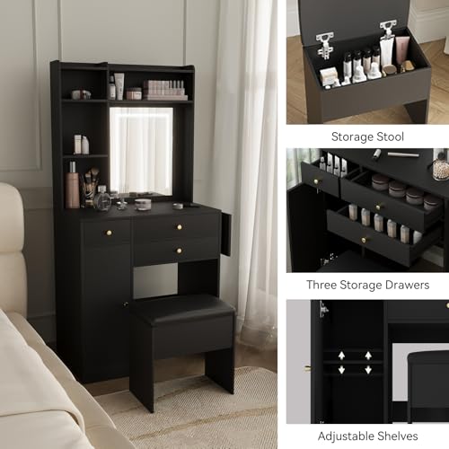 ARTETHYS Vanity Desk with Mirror and Lights Black Makeup Vanities Set with Storage Chair Dressing Table with Drawer and Fold-up Panel for Bedroom - Thumbnail 3