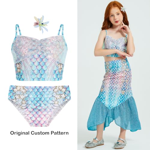 Mermaid Girls Bathing Suit 3Pcs Sequin Top, Bikini Bottoms Fish Tail Swimsuit Kids Beach Pool Swimwear 3-12Y3