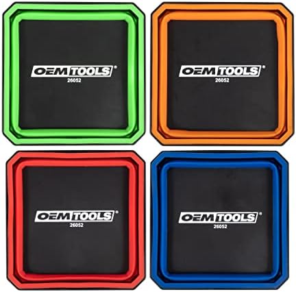 OEMTOOLS 26052 Magnetic Foldable Tray, 4 Pack Collapsible Bowl Set for Small Parts and Tools, Silicone Red, Blue, Orange, Green Tool Tray