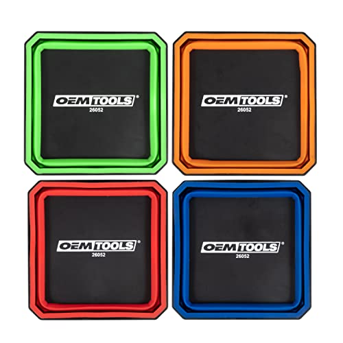 Oemtools 26052 Magnetic Foldable Tray, 4 Pack Collapsible Bowl Set For Small Parts And Tools, Silicone Tray, Red, Blue, Orange, And Green Magnetic Tool Tray Set #TOP4