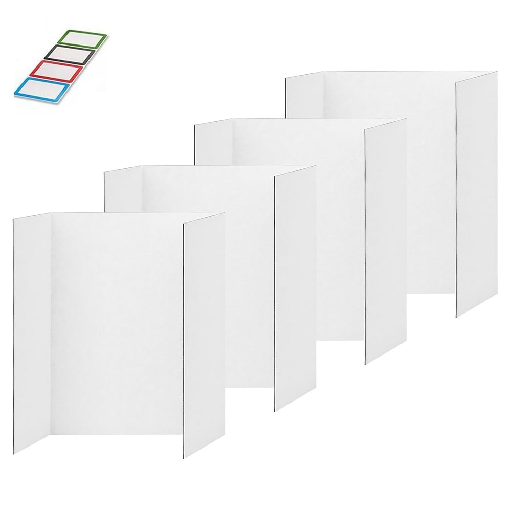 Lot de 4 panneaux d'affiches pliés à trois volets, blancs, livrés avec des accessoires adhésifs, tableaux de présentation en carton ondulé, faciles à utiliser S