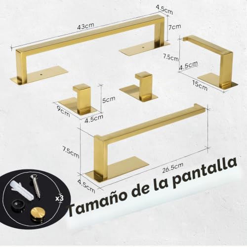 Miniatura 3 de Virklyee Autoadhesiva Conjunto Toallero De 5 Piezas 43cm Set De Juego De Toallero De Acero Inoxidable Porta De Papel De Baño 2 Gancho De Toalla Colgante De Pared Juego De Accesorios De Baño Oro