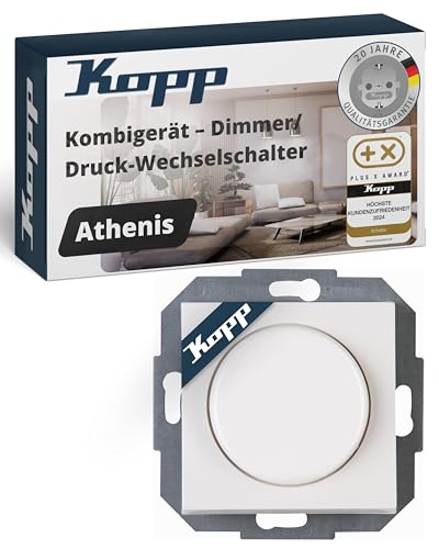 Kopp ATHENIS Druck-Wechselschalter-Dimmer mit Drehknopf - Rein-Weiß - Dimmbarer Lichtschalter für Lampen, LED & Trafos - 20-25W RL & 3-35W LED - Phasenanschnittsdimmer mit Softrastung