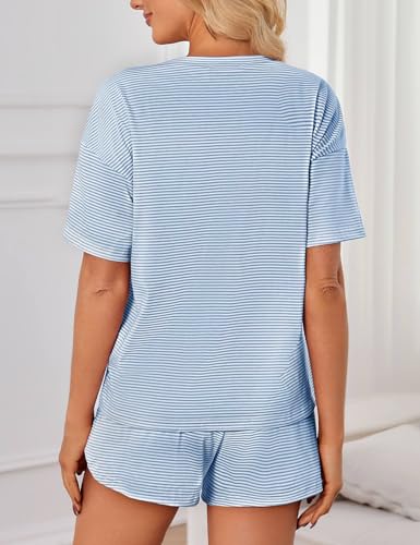 Image of JUSTFASHIONNOW Womens Pajama Sets Shorts Striped Print Two Piece Lounge Sets Crew Neck Sleepwear Split Shorts Set Soft Pjs