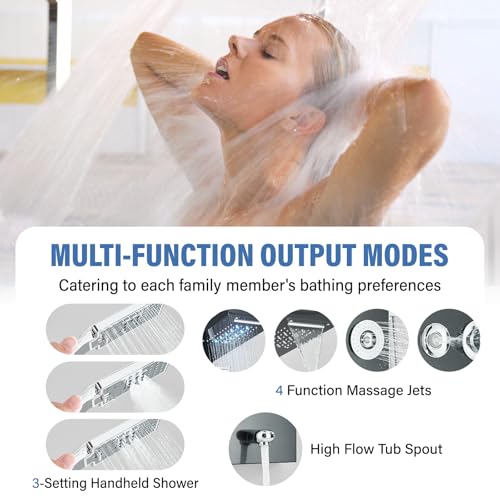 Image of FUZ Shower Panel Tower System, Stainless Steel 6 Functions Shower Panel System with LED Fancy Rain Shower Head and Handheld, Adujstable Rain Massage Body Jets and Tub Spout, Matte Black Shower Tower
