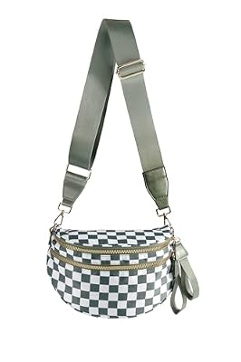 FEIBOON Spacious Checkered Nylon Crossbody Bag Bum Bag Handbags Wallets for Women (Beans green checkered)