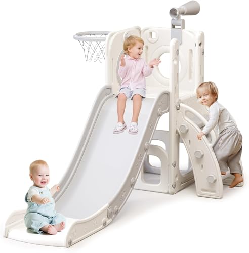 SOOFAM 6 in 1 Toddler Slide for Toddler Age 1-6,Kids Climber Slider for Indoor Outdoor Playground with Basketball Hoop,Storage and Telescope,L Shaped Slide for Toddler Climber Playset (white)
