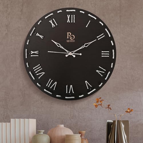 Image of Wooden Round Shape Roman Dial Wall Clock with Silver Hand and Silver Zari Rope Detailing | Stylish Silent Quartz Movement Anti Reflection Analog Vintage Clock for Home (Black, 15.5 Inch)