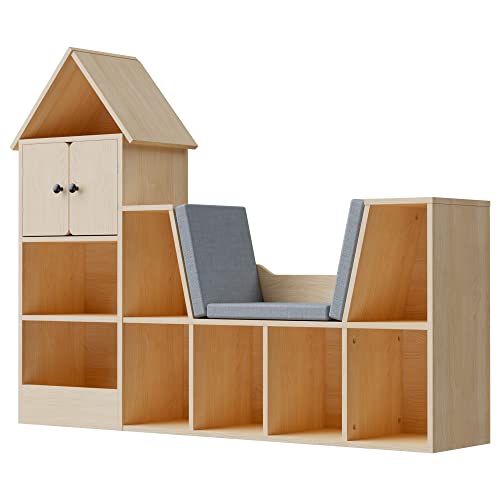 Cozy Castle Wooden Kids Bookshelf With Reading Nook And Book Shelf Storage Organizer, Kids Bookcase With Detachable Cushions For Bedroom, Playroom, Gift For Ages 3+, Oak #TOP7