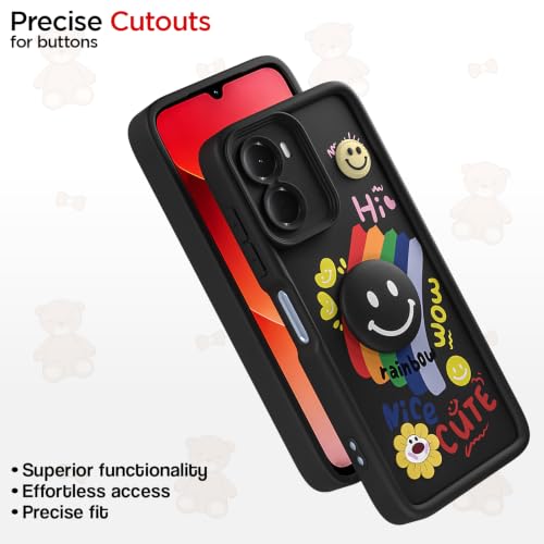 Image of Pikkme Back Cover for Redmi 15A 5G | Soft Silicone| Cute Rainbow Smile & 3D Cartoon Flower Design | Shockproof Raised Camera Protection Bumper Case (Black)