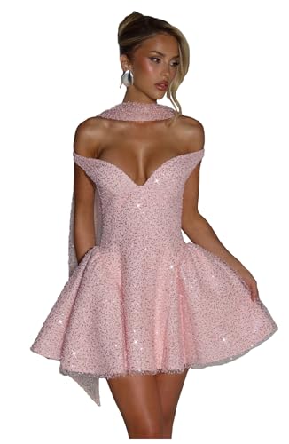 POMUYOO Off Shoulder Sequin Homecoming Dresses for Teens Scarf Short Sparkly Formal Cocktail Party Gowns