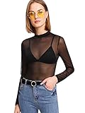 Floerns Women's Star Mesh See Through Mock Neck Long Sleeve Tops Tee T-Shirt, Black Solid, Large