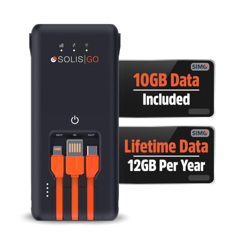 SIMO Solis Go 4G Mobile Hotspot WiFi Power Bank with Built-in Cables for Travel in 140+ Countries,...