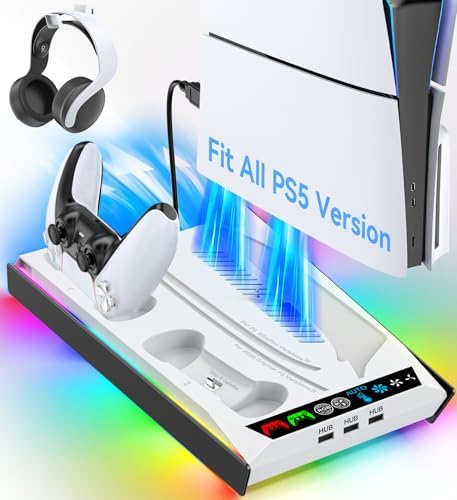 Rysker PS-5/Slim/Pro Stand for Disc & Digital Version, PS-5 Cooling Station with RGB Ambient Lighting, Controller Charger Built-in 3 Level Fan, PS-5 Cooling Stand for PlayStation 5 Case