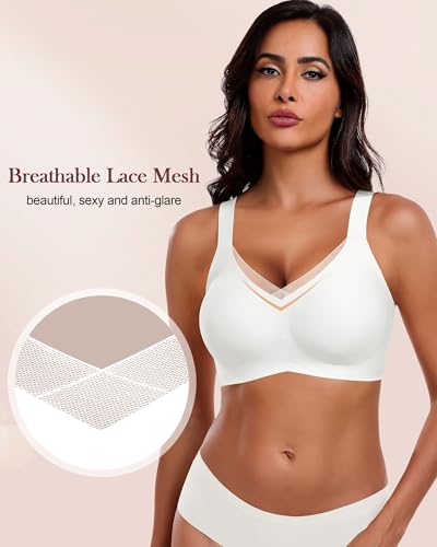 Image of HORISUN Seamless Mesh Lace Bras for Women No Underwire Wireless Bras with Support and Lift Full Coverage Deep V Bralettes