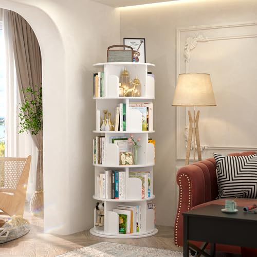Aheaplus Rotating Bookshelf, 360 Display Wood Spinning Bookshelf Tower, 5 Tier Floor Standing Bookcase Storage Rack, Revolving Bookcase Corner Bookshelfs for Small Space, Bedroom, Study Room, White - Thumbnail 2