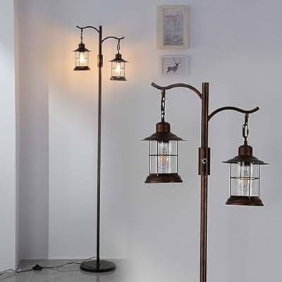 ShuideHua Vintage Dimmable Floor Lamp with 2 Classical Lanterns, Rustic Farmhouse Design in Bronze Gold Finish, Perfect for Living Room or Bedroom