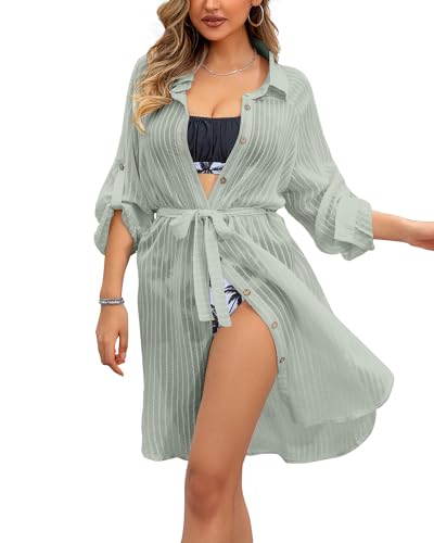 JFAN Camisolas Playa Mujer Verano Vestido Playa Mujer Casual Bikini Cover Up Bikini Camisa con Botón y Cinturón，Verde Oscuro-Talla única