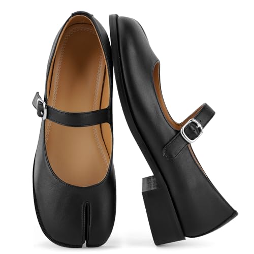 VOZTOLLS Tabi Shoes Mary Janes Ballet Flats for Women Split Toe Wide Width Ankle Buckle Strap Dress Casual Pumps Low Heel Comfortable Shoes Black Matte Size 8