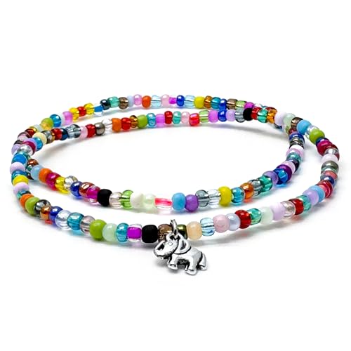 Image of Elephant Charm Anklet Set, Bright Summer Colour Mix Glass Seed Beads, 1 Plain and 1 with Silver Tone Charm : Size 10 inches, Wild Animal Lover, Beach Boho Jewellery