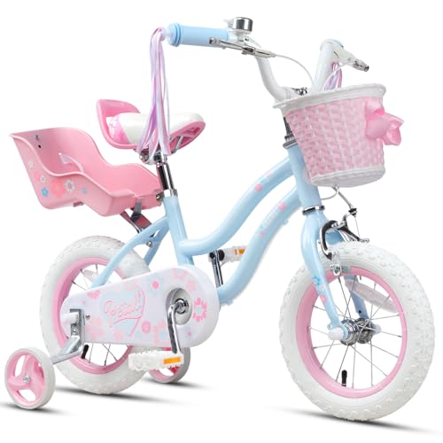 Glerc 12 Inch Kids Bike for Girls, Princess Style with Streamers, Basket and Stabilisers, 2 to 4 Years, Blue
