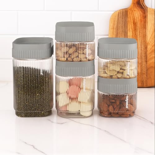 Image of Nayasa Refresh Container Set of 9 | 500ml x 5, 750ml x 2, 1150ml x 2 | Transparent Airtight Plastic Jars | Stackable Kitchen Storage Containers | BPA Free & Reusable | Grey