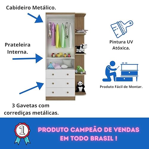 Guarda Roupa Smim 2 Portas com Prateleira - Móveis Peroba Branco Brilho Com Carvalho